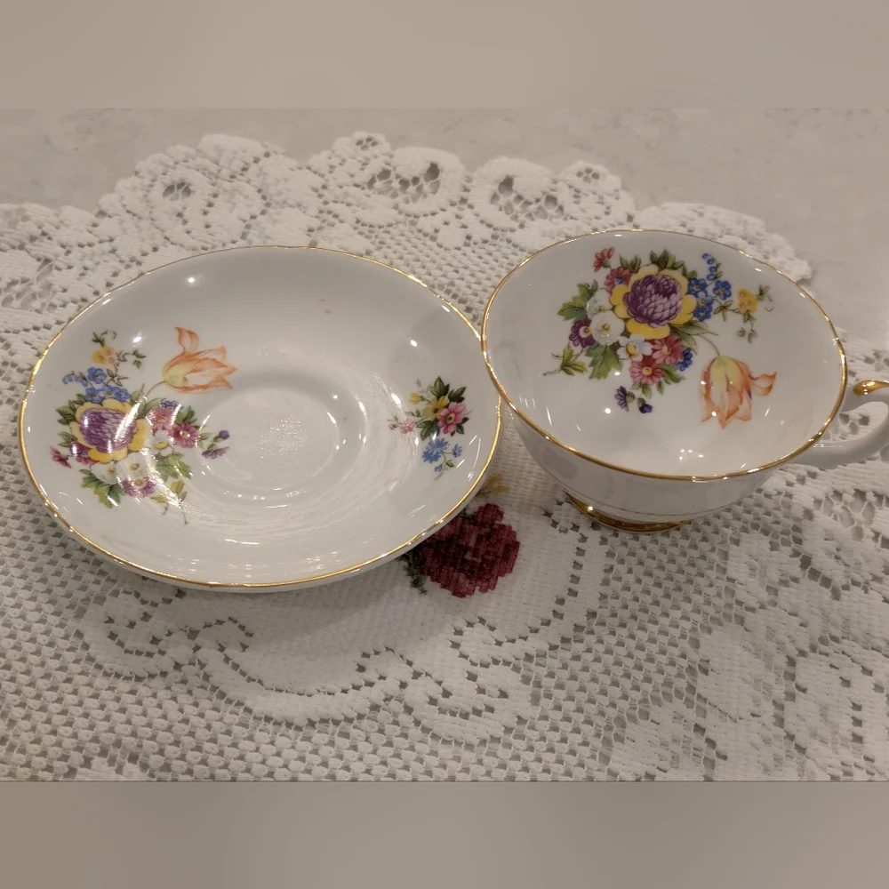 Floral Teacup and Saucer Set with Gold Trim